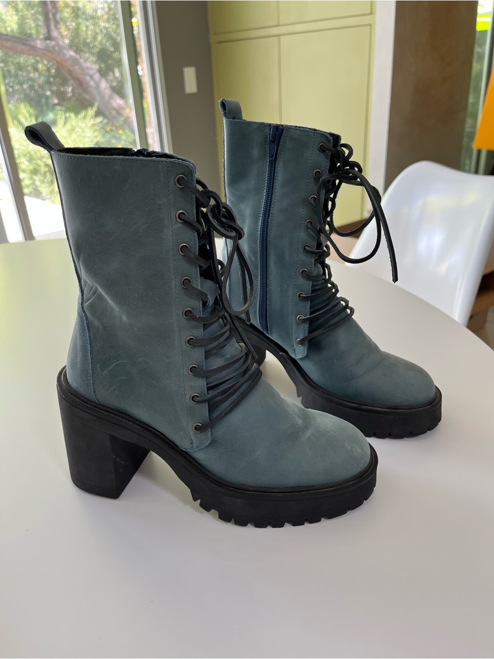 Free People Dusty Blue Lace-Up Chunky Heel Ankle Boots NWOT